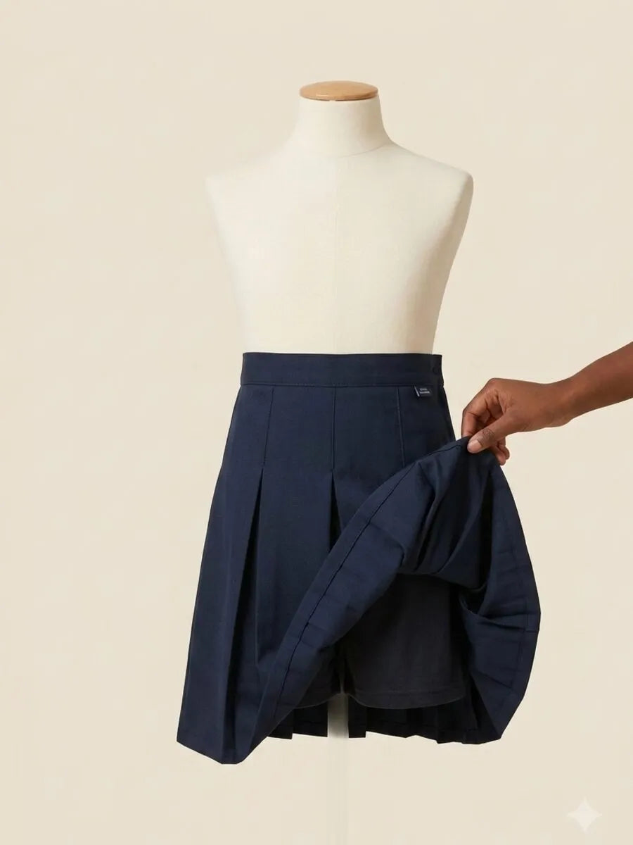 The Flydays skirt on a child mannequin, a hand lifting the pleats to show the built-in inner short