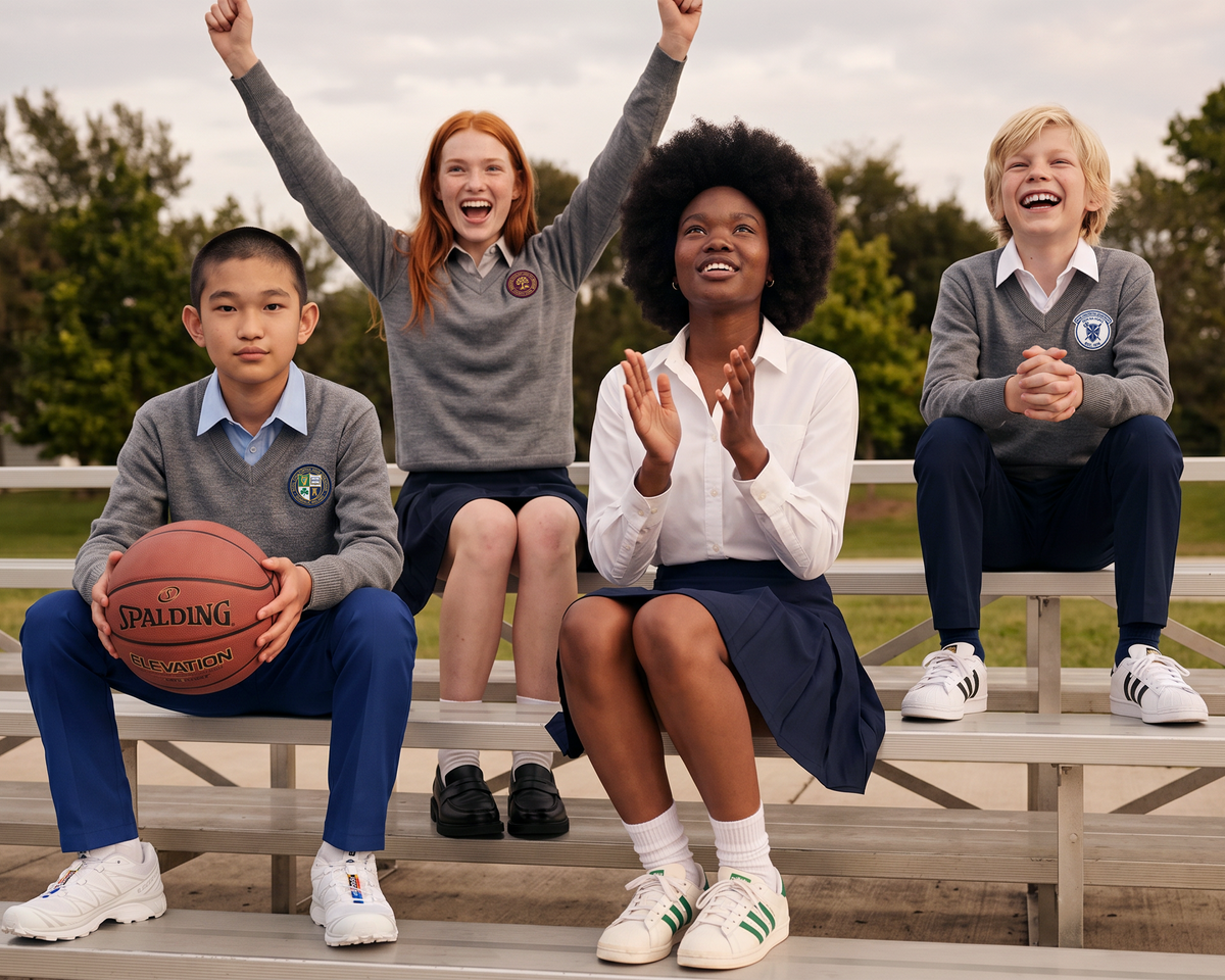 A teenage girl in a traditional uniform sitting out at the edge of a sports hall while classmates play in PE kit