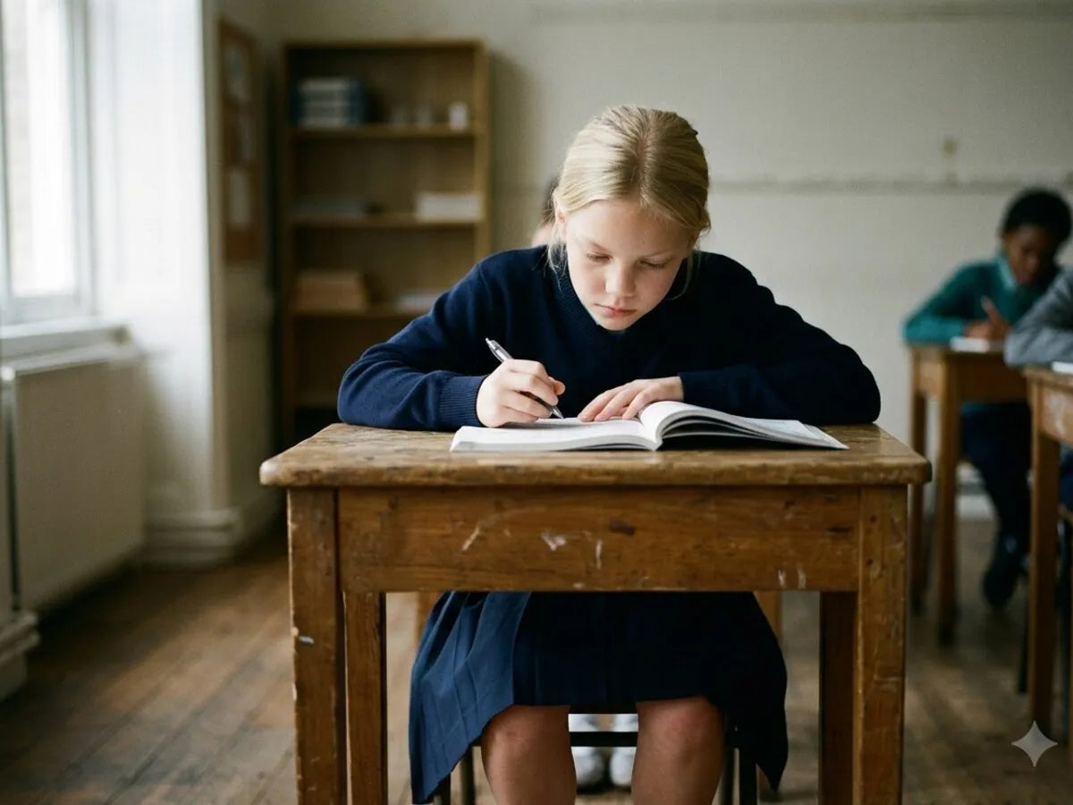 A child focused at a classroom desk, writing in a workbook