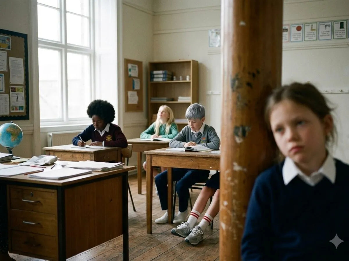 A girl in a school uniform sits by a classroom pillar, uncomfortable while classmates work behind her